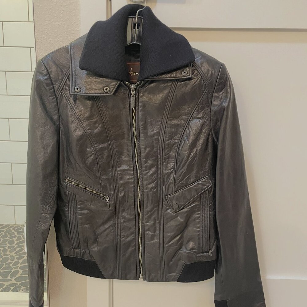 NWOT Cole Haan leather jacket - ribbed (*detachable*) collar, black, XS, pockets